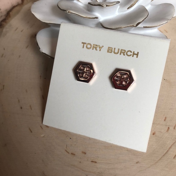 NWT TORY BURCH ROSE GOLD HEX LOGO STUD EARRINGS! - Picture 3 of 5